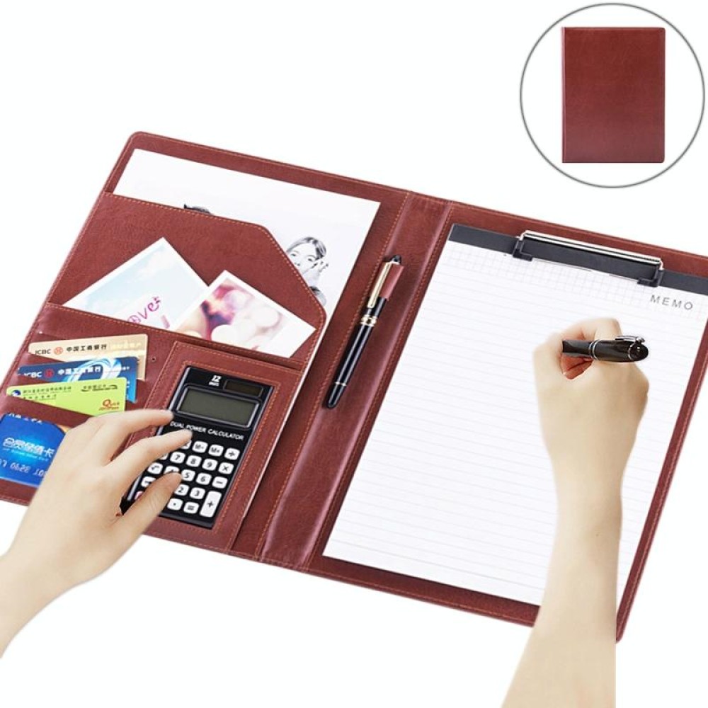 Office Supplies Business Style Leather Document Folder with 30-pages A4 Note Pad & Calculator (Light Brown)