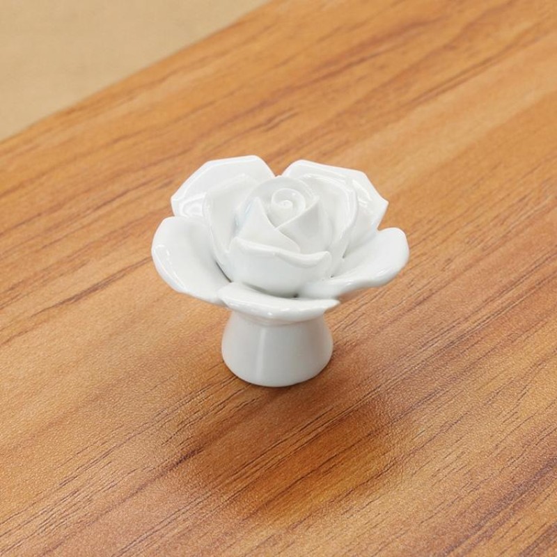 41mm Rose Shape Modern Literary Color Glazed Ceramic Cabinet Drawer Handle(White)