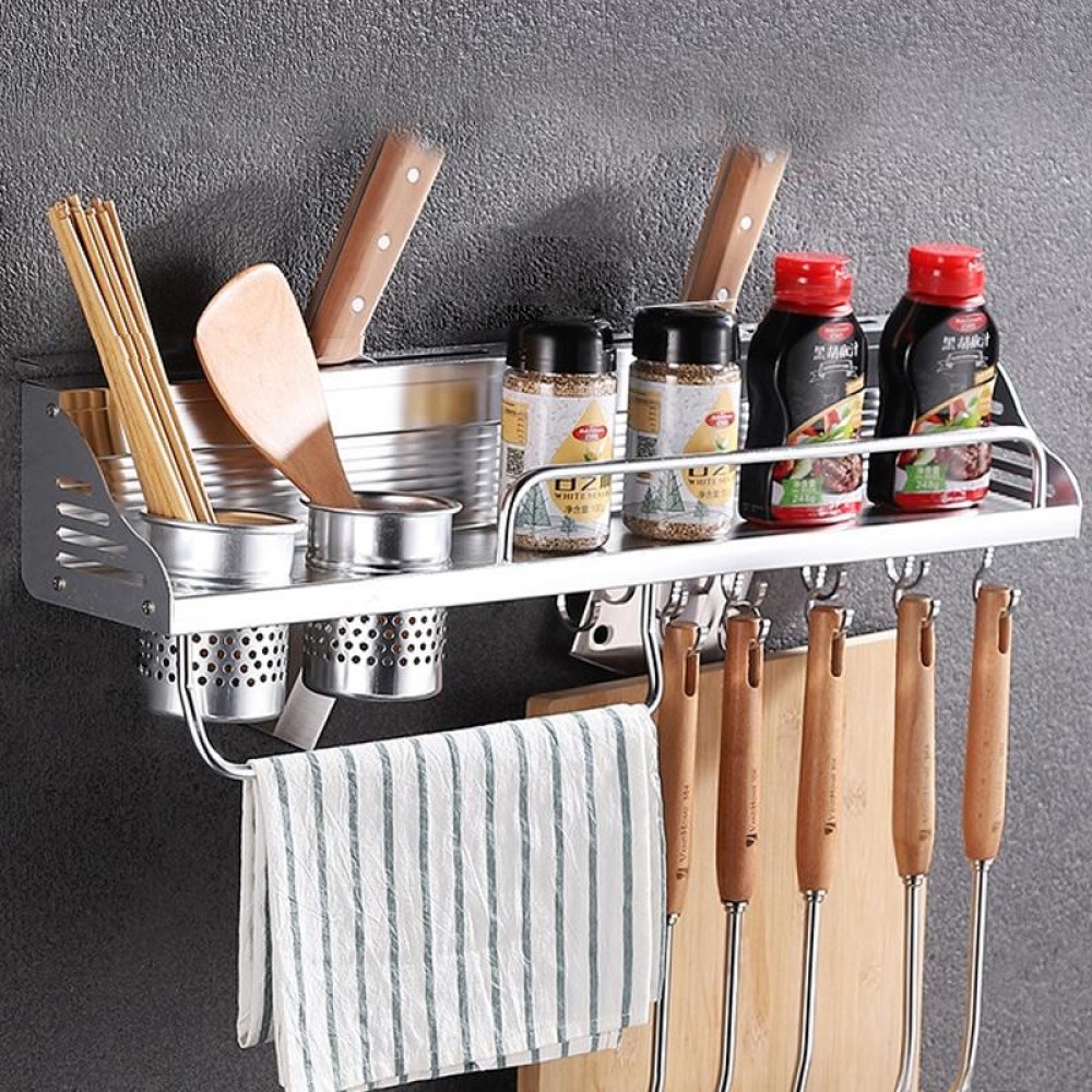 60cm 2 Cups 10 Hooks Multi-function Kitchen Punching Wall-mounted Plastic Edge Condiment Holder Storage Rack