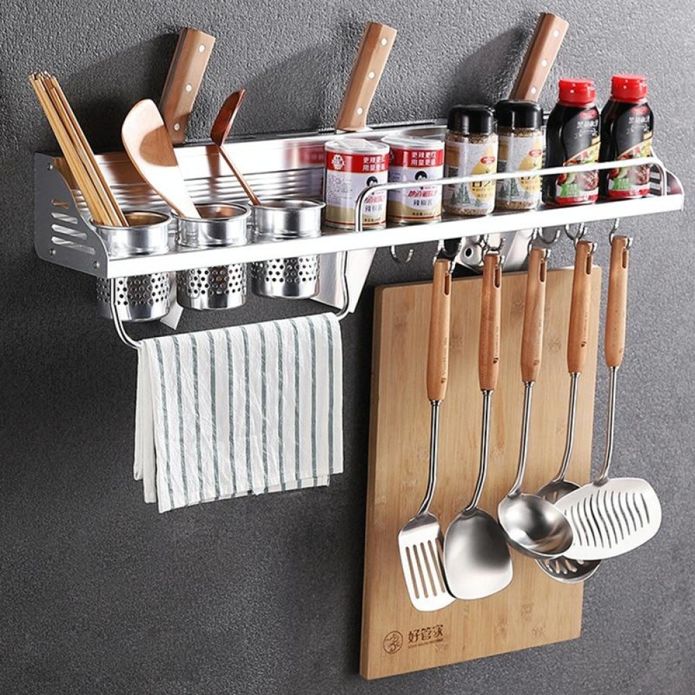 80cm 3 Cups 10 Hooks Multi-function Kitchen Punching Wall-mounted Aluminum Edge Condiment Holder Storage Rack