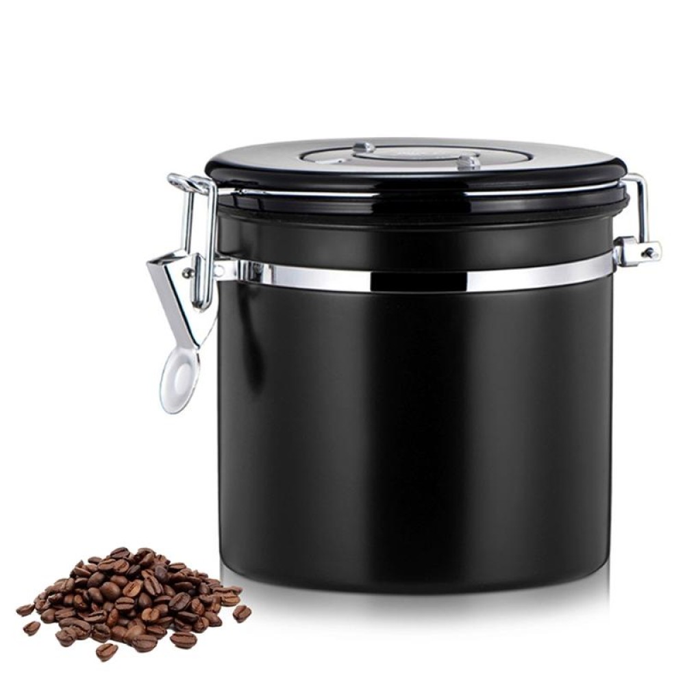 800ml Stainless Steel Sealed Food Coffee Grounds Bean Storage Container with Built-in CO2 Gas Vent Valve & Calendar(Black)