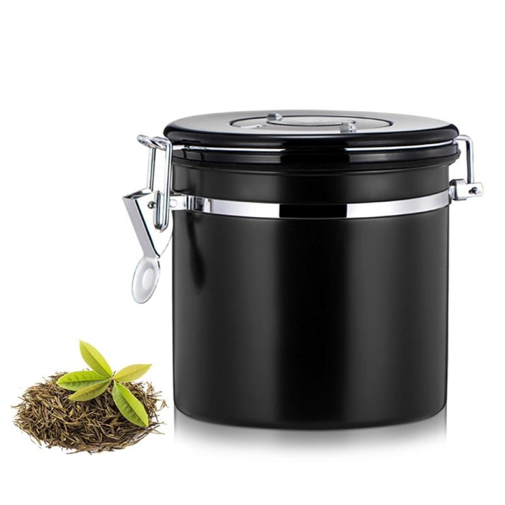 1200ml Stainless Steel Sealed Food Coffee Grounds Bean Storage Container with Built-in CO2 Gas Vent Valve & Calendar (Black)