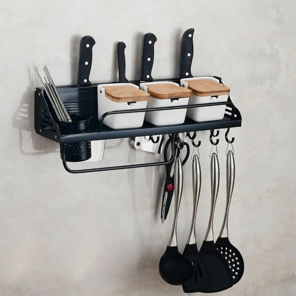 A Version 50cm 1 Cup  8 Hooks Kitchen Multi-function Wall-mounted Condiment Holder Storage Rack (Black)