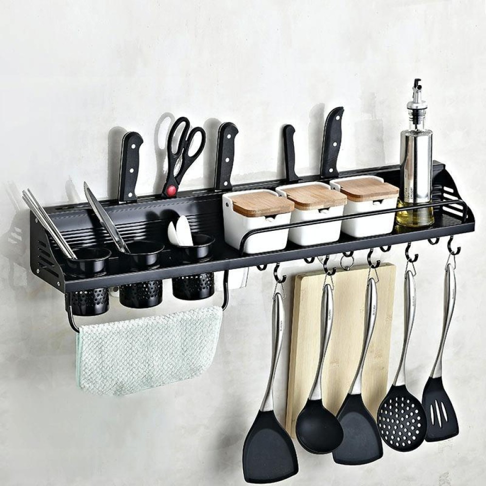 A Version 80cm 3 Cups 10 Hooks Kitchen Multi-function Wall-mounted Condiment Holder Storage Rack (Black)