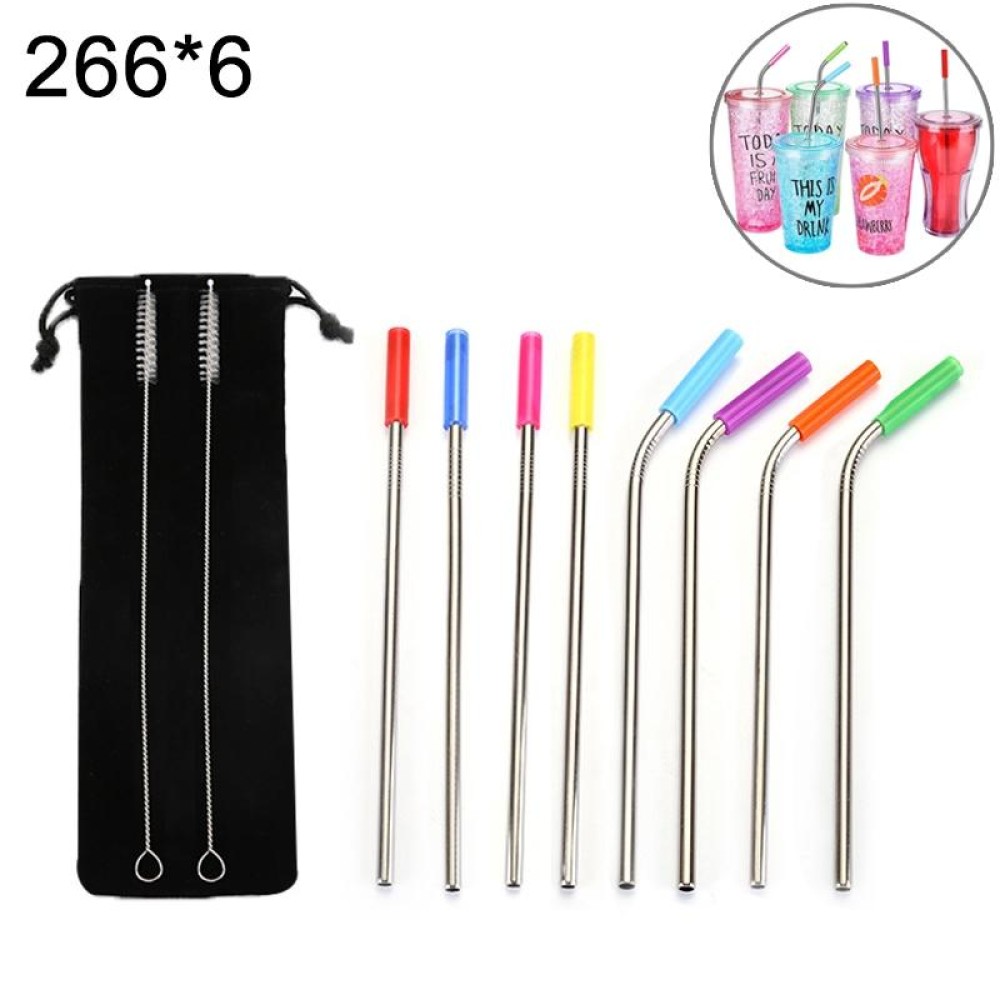 8 PCS Reusable Silicone Tips Stainless Steel Drinking Straws + 2 PCS Cleaner Brushes Set Kit with Cashmere Bag,  266*6mm