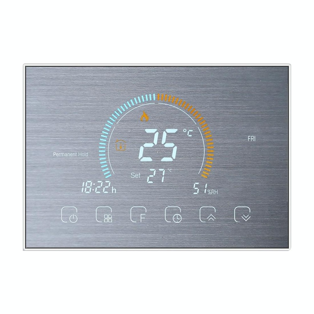 BHT-8000-GA-SS Brushed Stainless Steel Mirror Control Water Heating Energy-saving and Environmentally-friendly Smart Home Negative Display LCD Screen Round Room Thermostat without WiFi