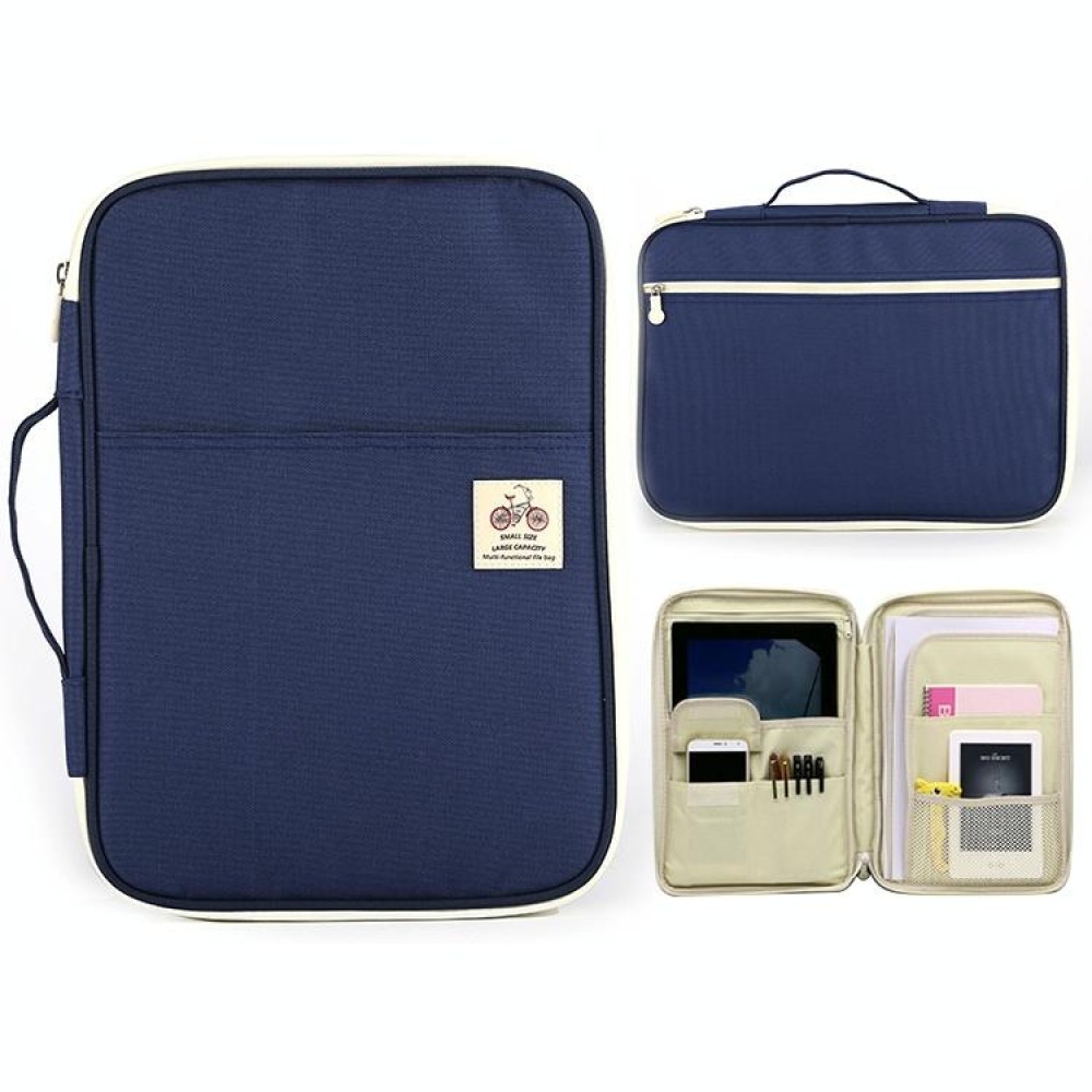 Office Supplies Multi-purpose Zipper Document Folder A4 Storage Bag(Navy Blue)