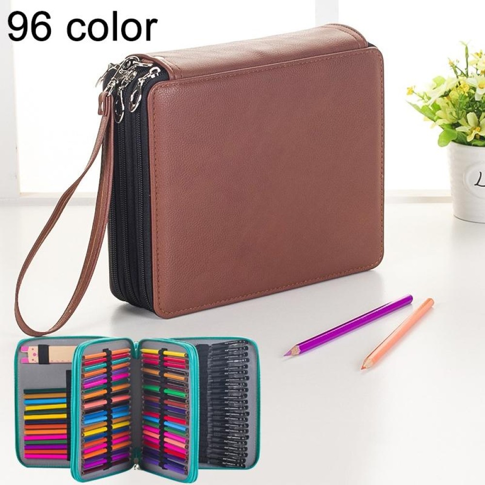 96 Slots Colored Pencil Case PU Leather Drawing Sketch Watercolor Pencils Holder Organizer with Hand Strap (Brown)