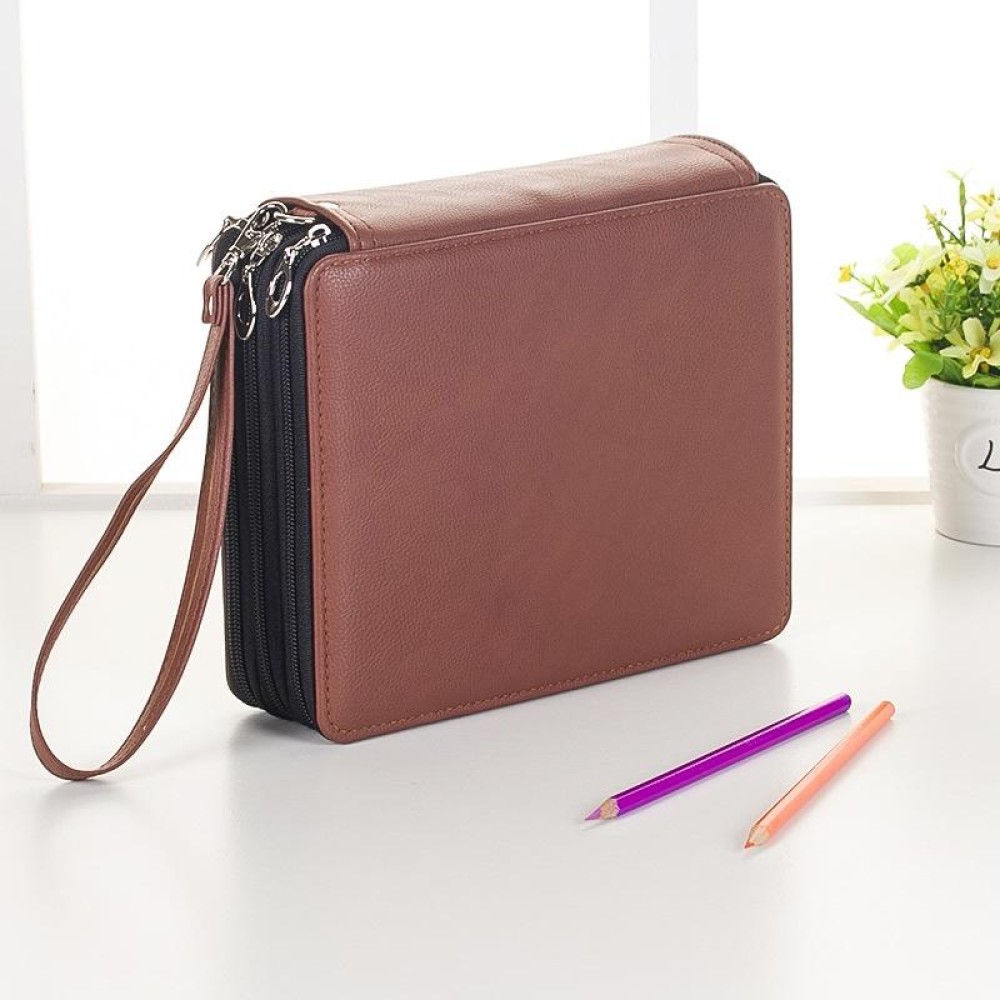 96 Slots Colored Pencil Case PU Leather Drawing Sketch Watercolor Pencils Holder Organizer with Hand Strap (Brown)