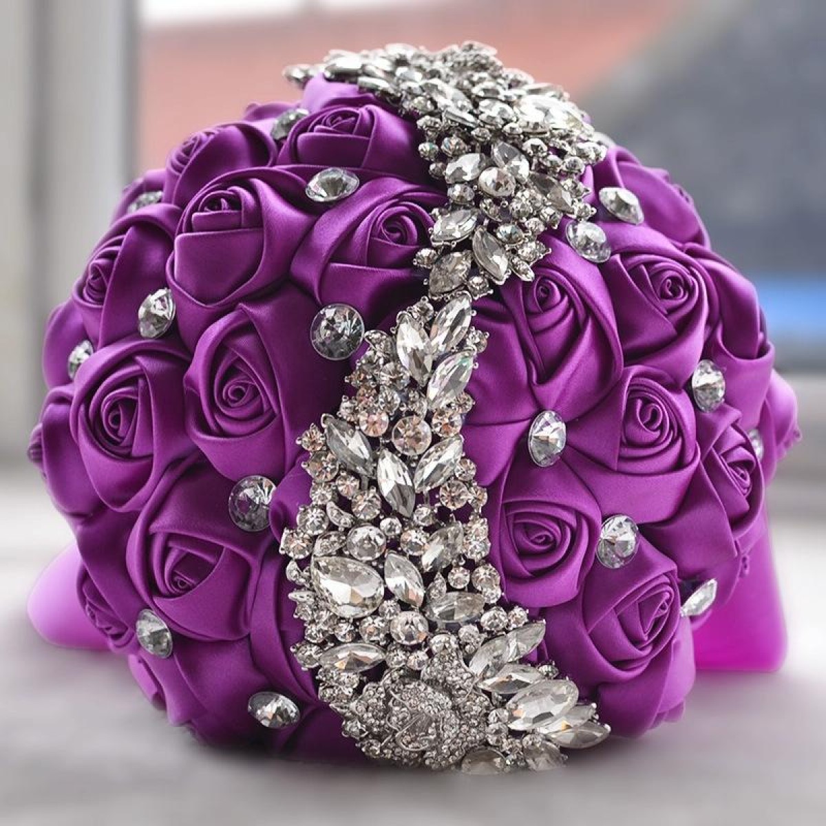 Wedding Holding Flowers Bridal Bouquet Accessories Bridesmaid Rhinestone Party Wedding Decoration Supplies(Purple)