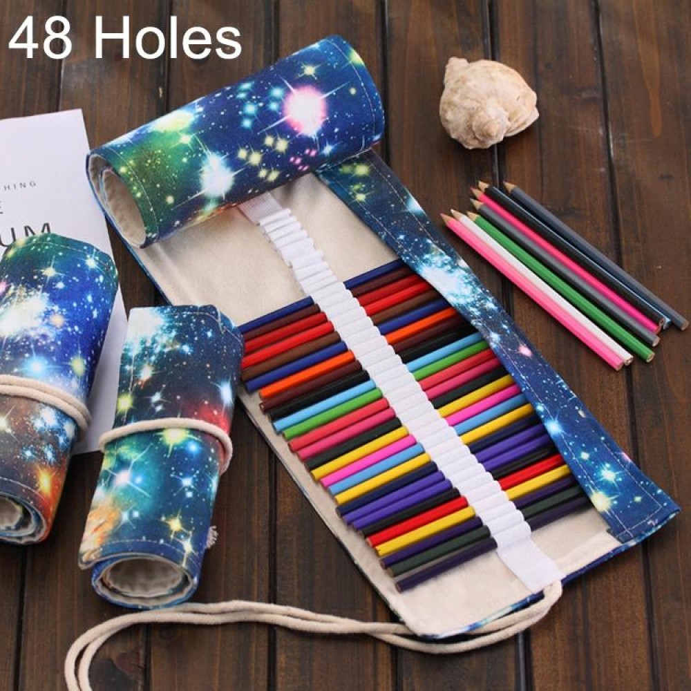 48 Slots Cosmic Galaxy Print Pen Bag Canvas Pencil Wrap Curtain Roll Up Pencil Case Stationery Pouch