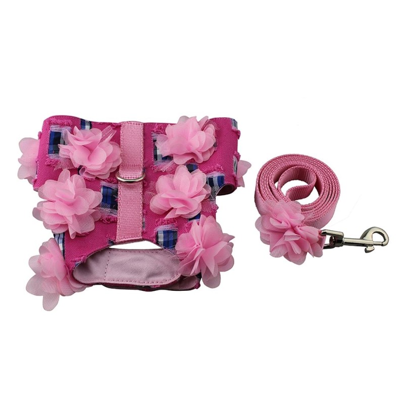 Denim + Canvas + 3D Lace Flowers Soft Breathable Dog Harness Pet Vest Dog Chest Strap , Size: L (Pink)