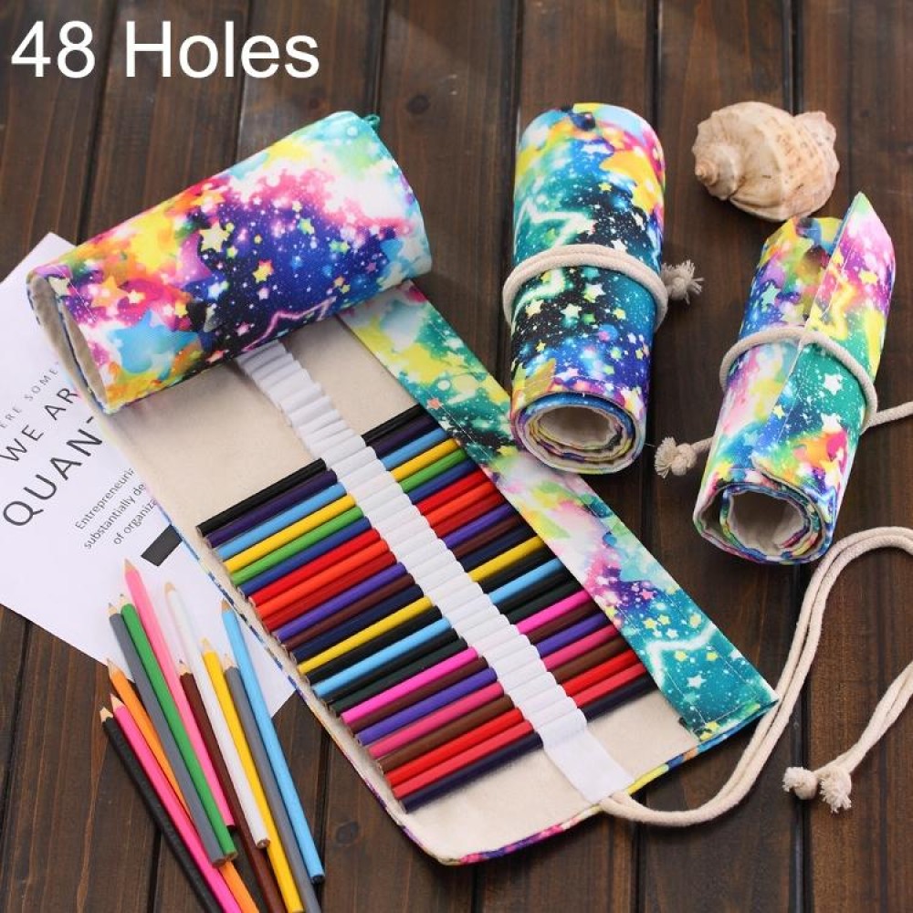 48 Slots Starry Sky Print Pen Bag Canvas Pencil Wrap Curtain Roll Up Pencil Case Stationery Pouch