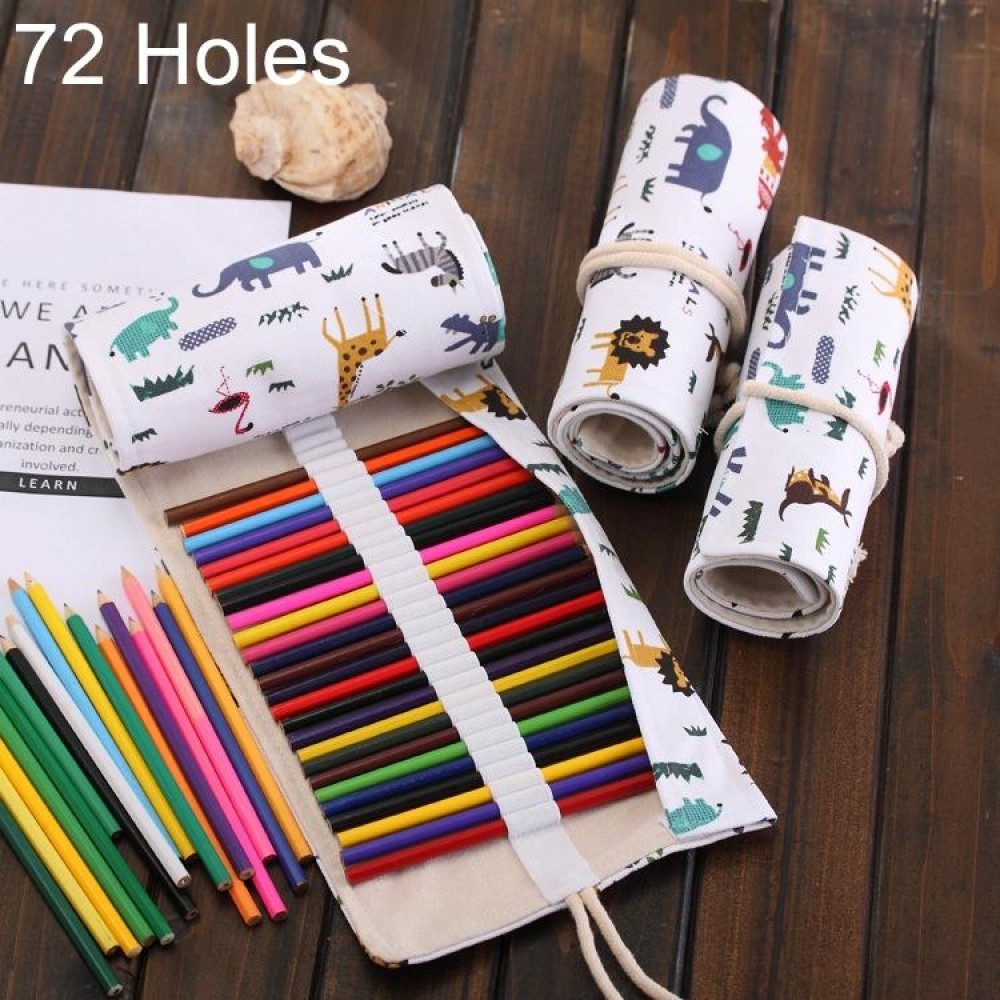 72 Slots Cartoon Animal Print Pen Bag Canvas Pencil Wrap Curtain Roll Up Pencil Case Stationery Pouch