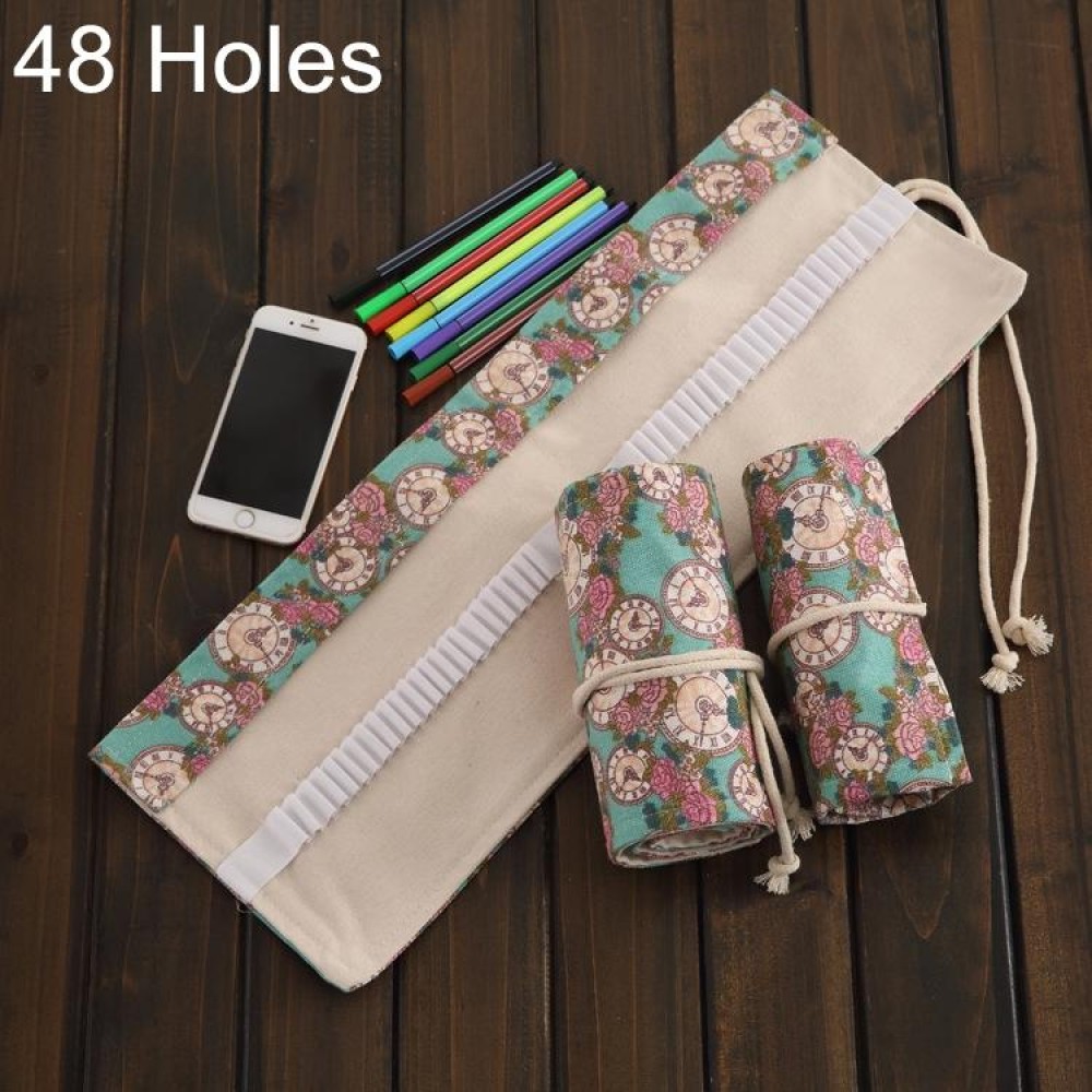48 Slots Rose Clock Print Pen Bag Canvas Pencil Wrap Curtain Roll Up Pencil Case Stationery Pouch