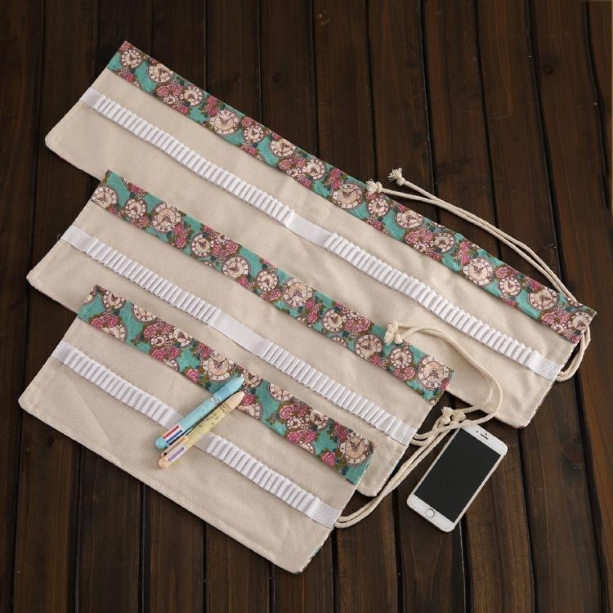 72 Slots Rose Clock Print Pen Bag Canvas Pencil Wrap Curtain Roll Up Pencil Case Stationery Pouch
