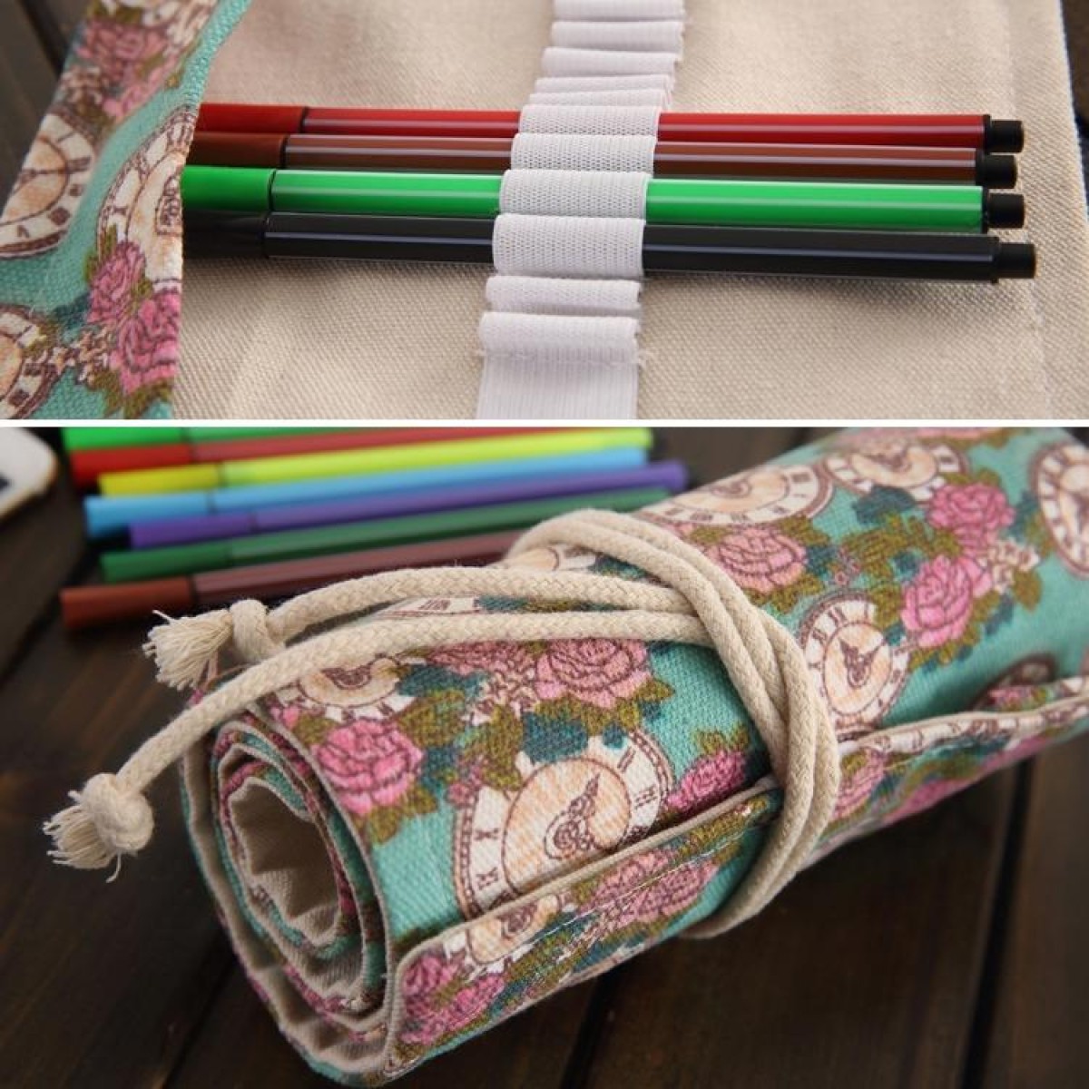 72 Slots Rose Clock Print Pen Bag Canvas Pencil Wrap Curtain Roll Up Pencil Case Stationery Pouch