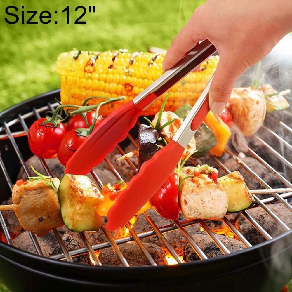 12 inch Silicone Non-slip Food Bread Barbecue BBQ Clip Tongs Kitchen Tools(Red)