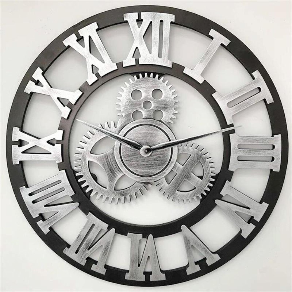 Retro Wooden Round Single-sided Gear Clock Rome Number Wall Clock, Diameter: 30cm(Silver)