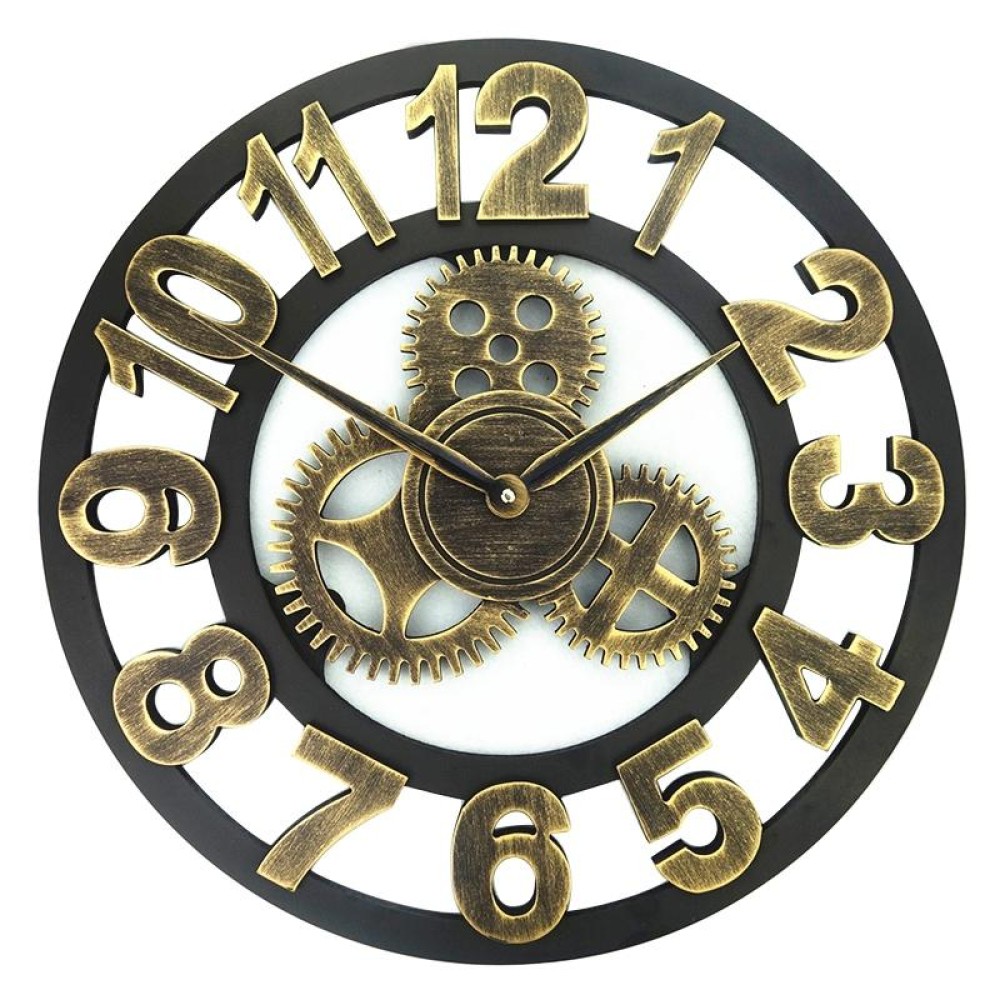 Retro Wooden Round Single-sided Gear Clock Number Wall Clock, Diameter: 50cm (Gold)