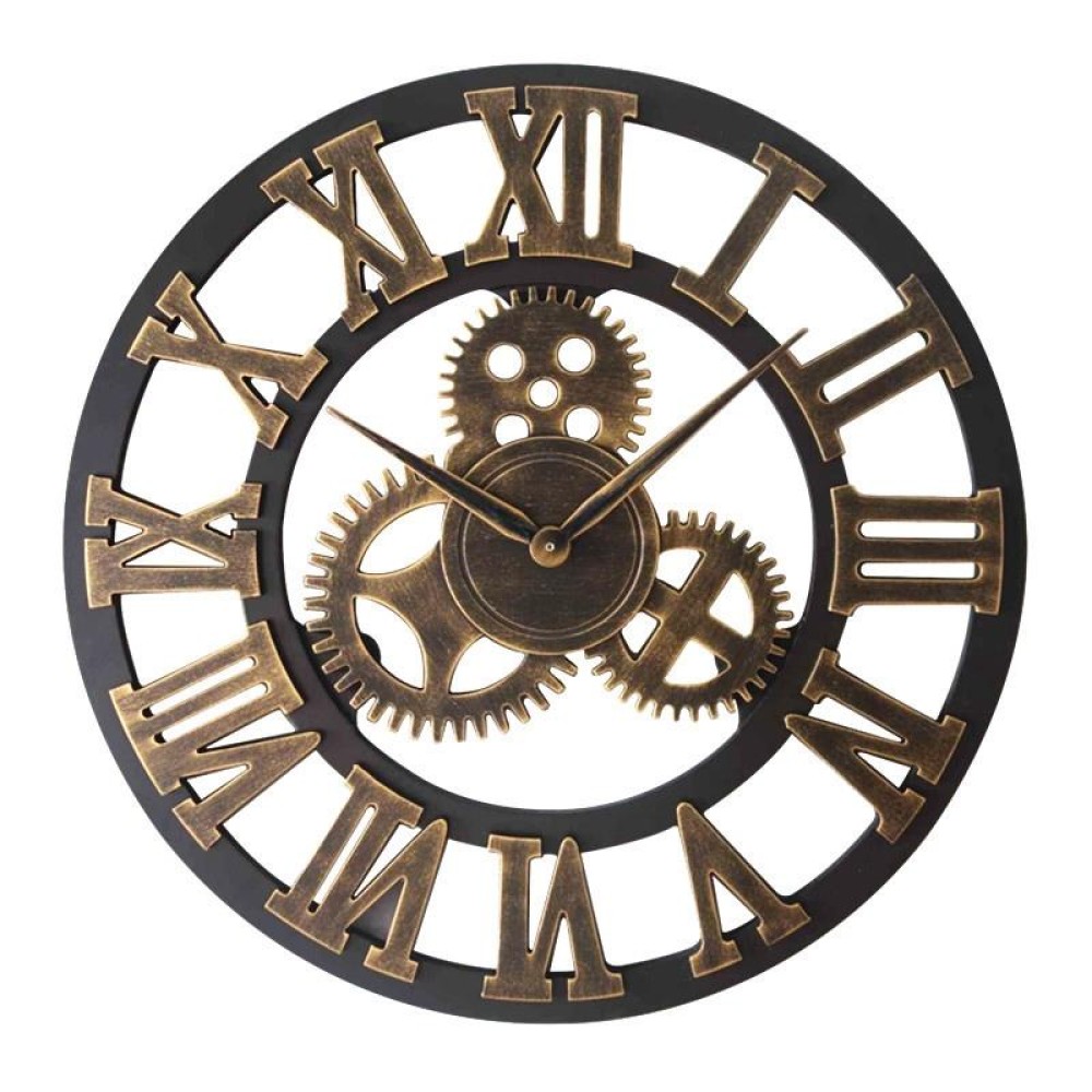 Retro Wooden Round Single-sided Gear Clock Rome Number Wall Clock, Diameter: 70cm(Gold)
