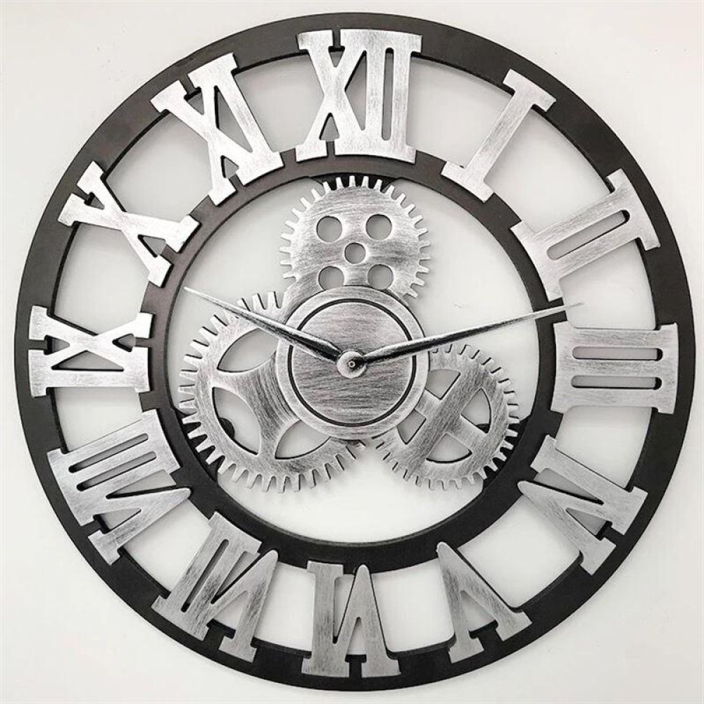 Retro Wooden Round Single-sided Gear Clock Rome Number Wall Clock, Diameter: 80cm (Silver)