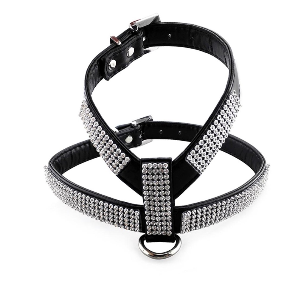 Rhinestone PU Soft Breathable Dog Harness Pet Vest Dog Chest Strap Leash Dog Collar, Size: M (Black)