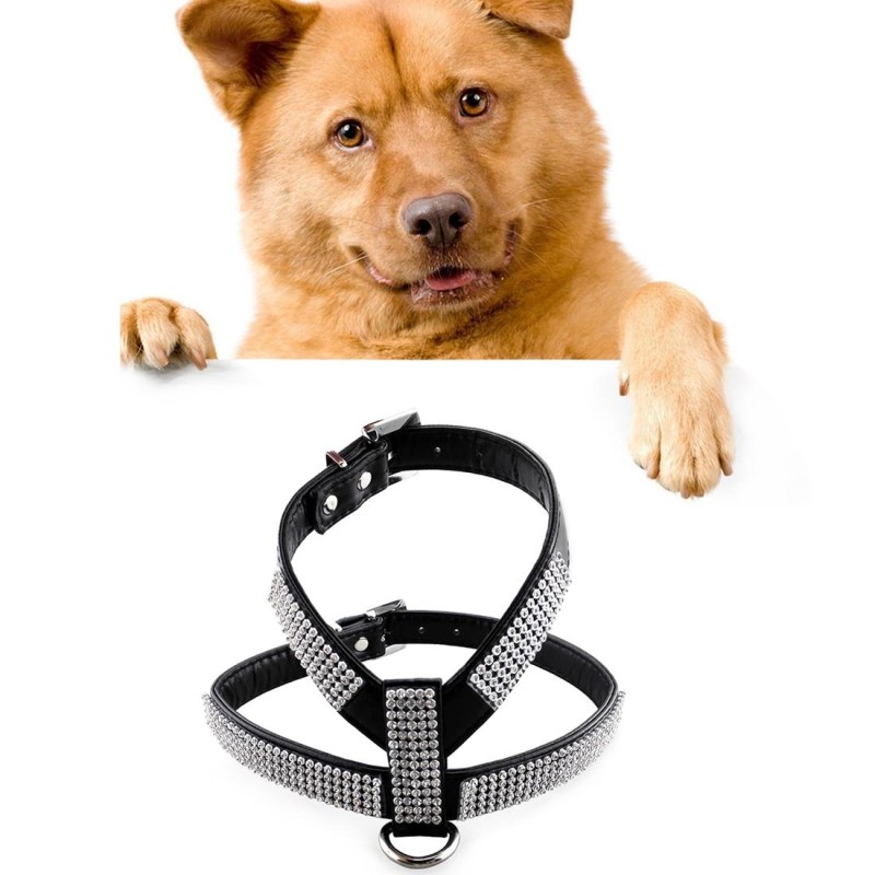 Rhinestone PU Soft Breathable Dog Harness Pet Vest Dog Chest Strap Leash Dog Collar, Size: L (Black)