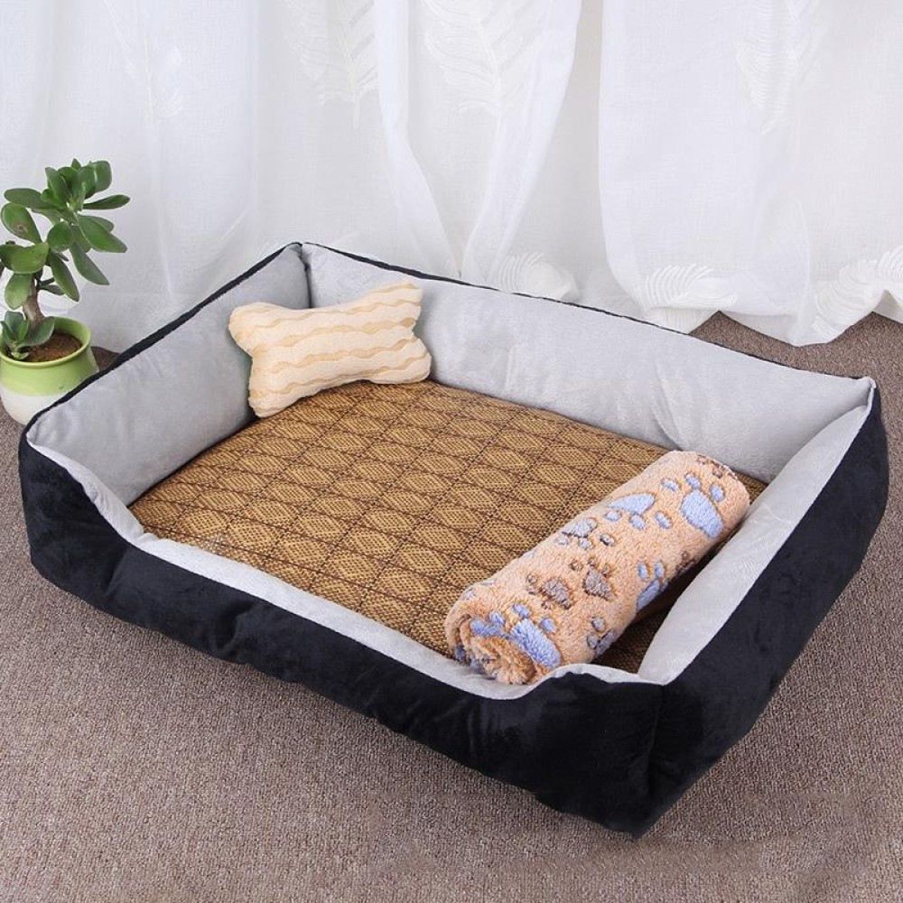 Dog Bone Pattern Big Soft Warm Kennel Pet Dog Cat Mat Blanket, with Rattan Mat & Blanket Size: S, 60×45×15cm (Black Grey)