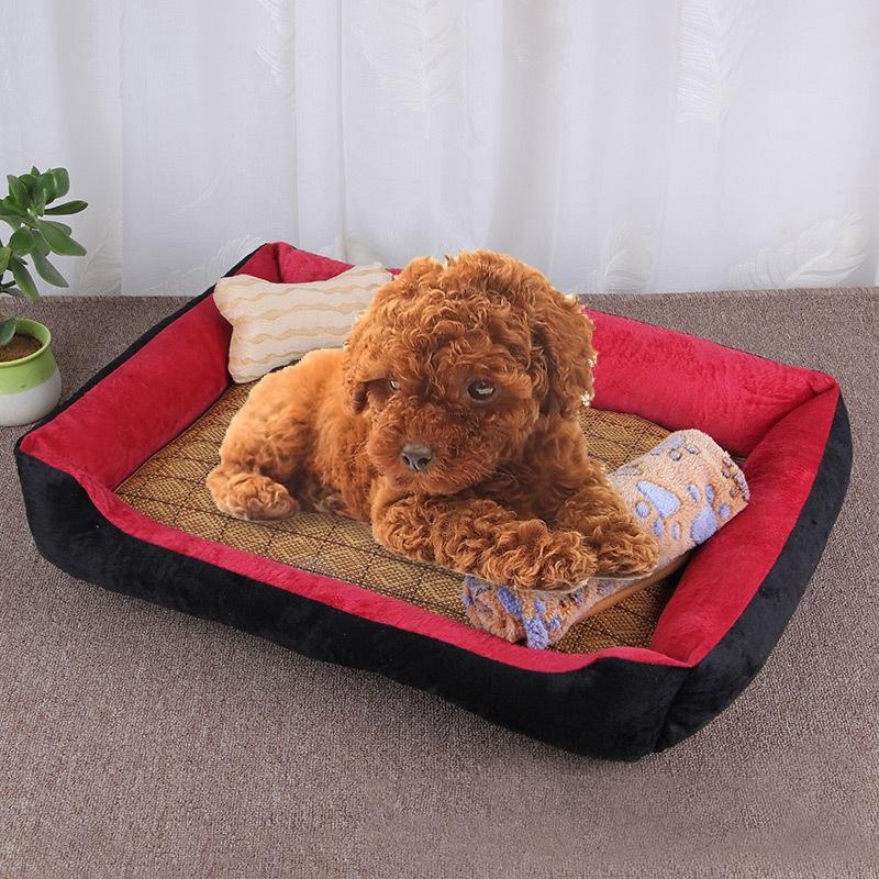 Dog Bone Pattern Big Soft Warm Kennel Pet Dog Cat Mat Blanket, with Rattan Mat & Blanket Size: S, 60×45×15cm (Black Red)