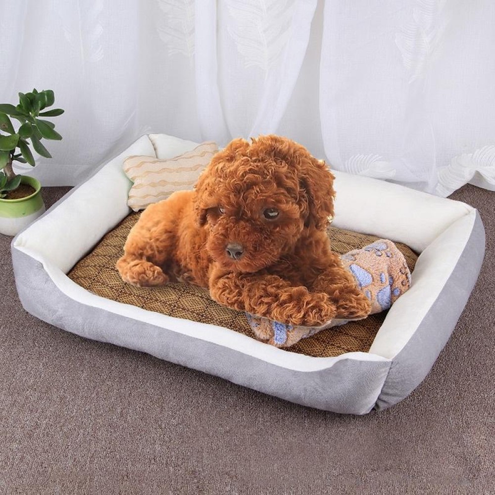 Dog Bone Pattern Big Soft Warm Kennel Pet Dog Cat Mat Blanket, with Rattan Mat & Blanket Size: S, 60×45×15cm (Grey White)