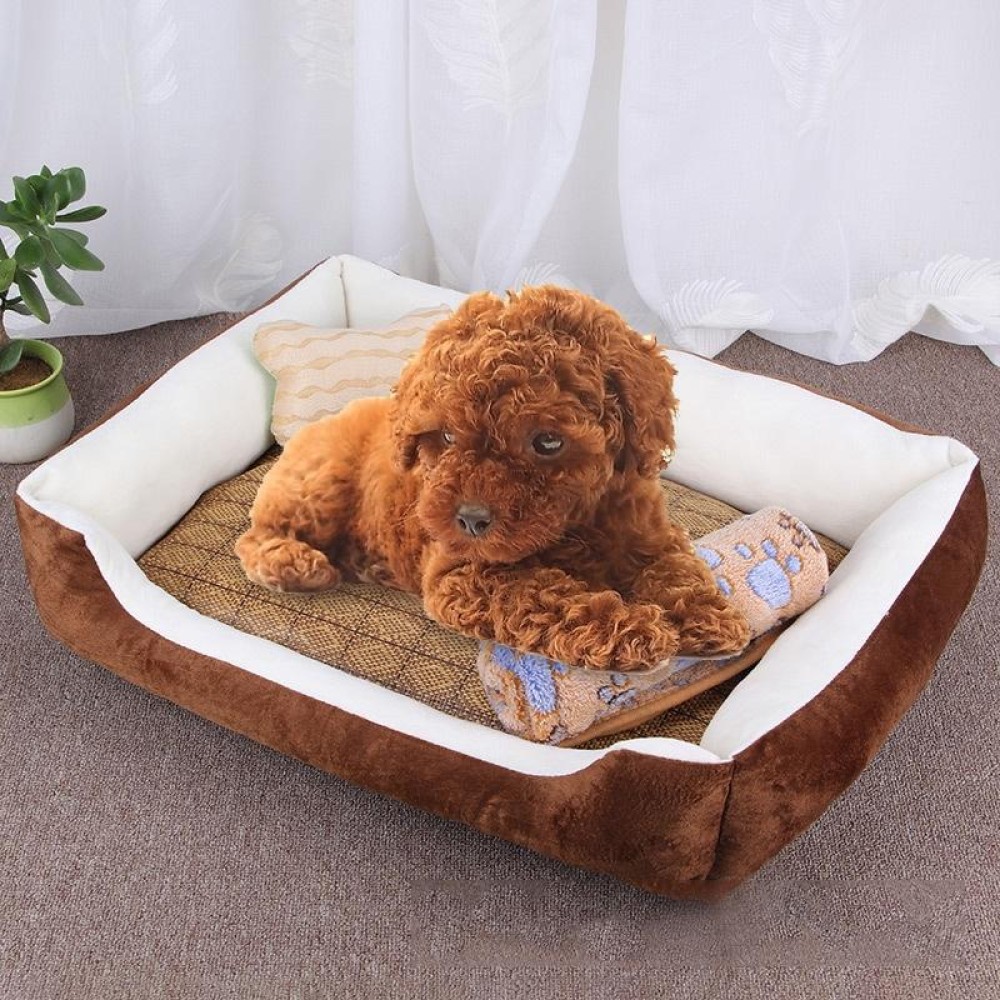 Dog Bone Pattern Big Soft Warm Kennel Pet Dog Cat Mat Blanket, with Rattan Mat & Blanket Size: S, 60×45×15cm (Brown White)