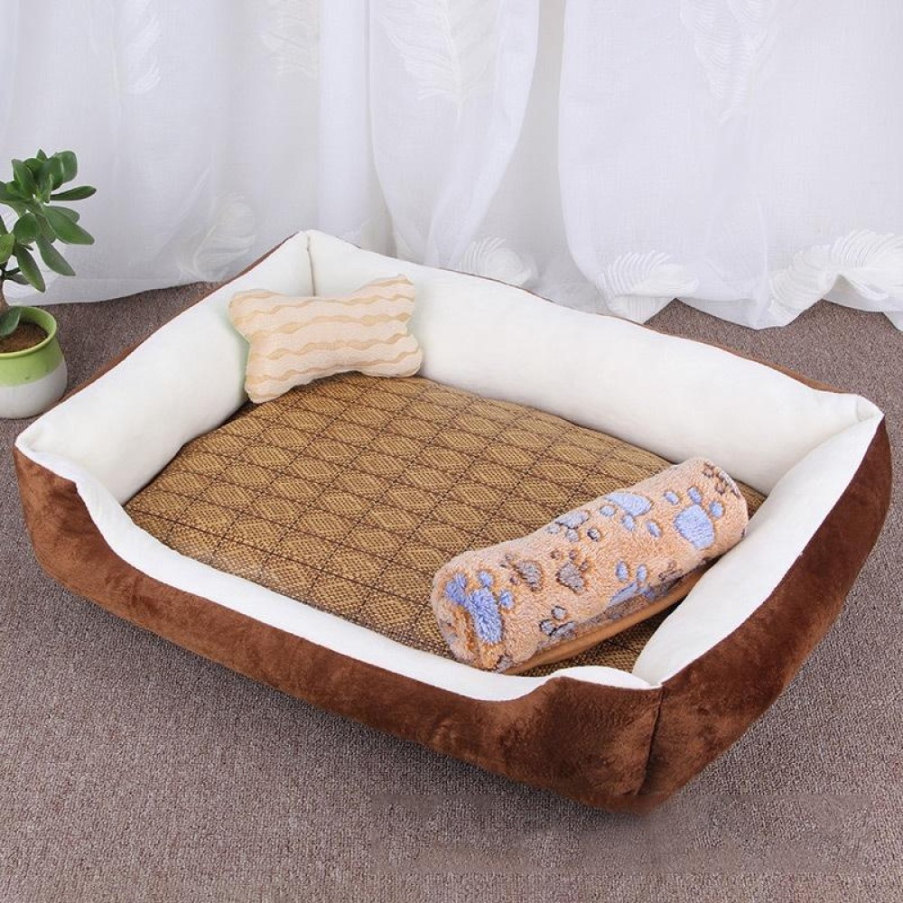 Dog Bone Pattern Big Soft Warm Kennel Pet Dog Cat Mat Blanket, with Rattan Mat & Blanket Size: S, 60×45×15cm (Brown White)