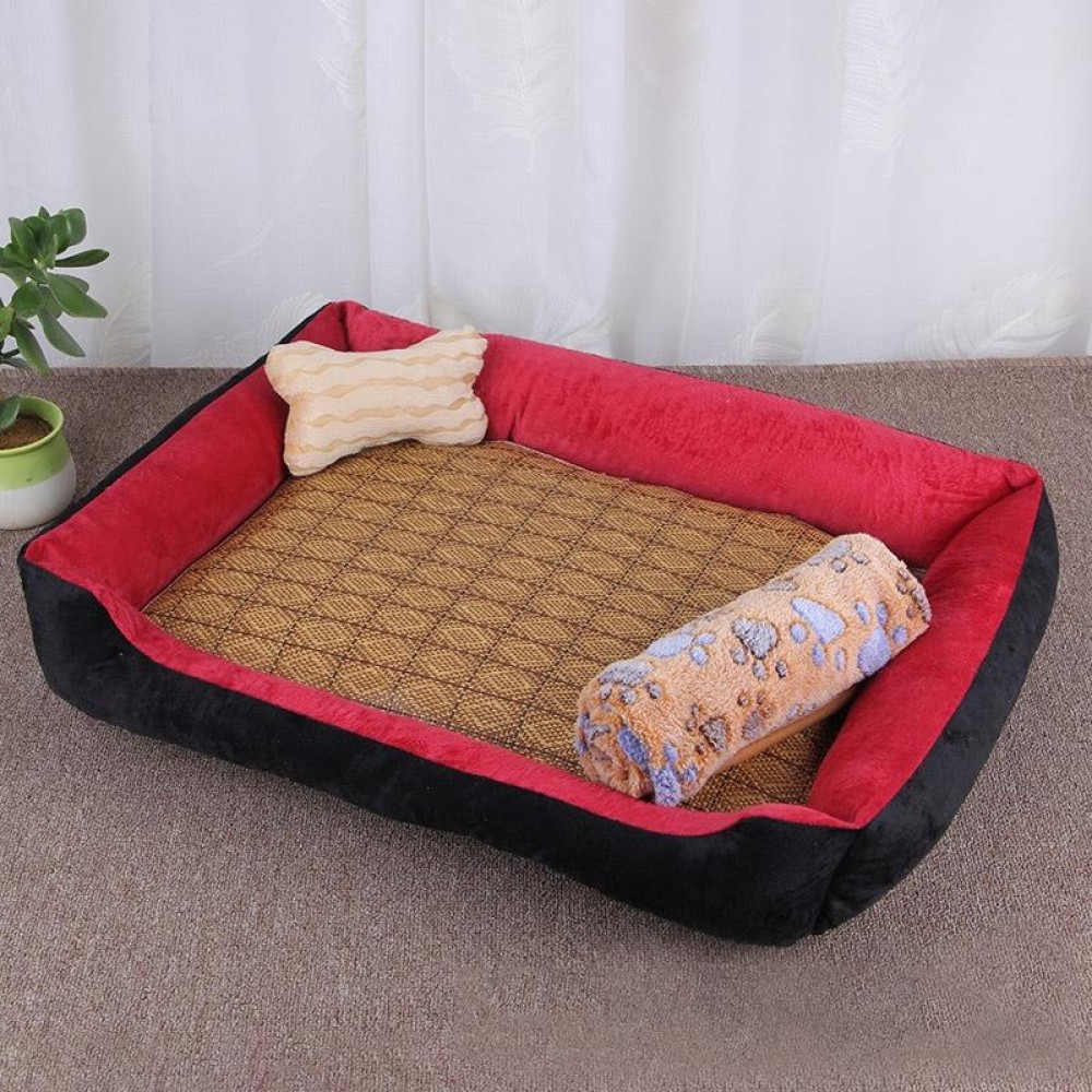 Dog Bone Pattern Big Soft Warm Kennel Pet Dog Cat Mat Blanket,  with Rattan Mat & Blanket Size: XL, 90×70×15cm (Black Red)