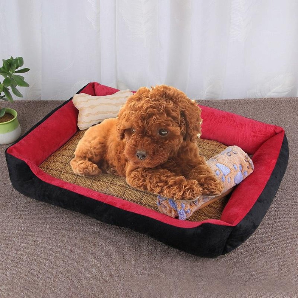 Dog Bone Pattern Big Soft Warm Kennel Pet Dog Cat Mat Blanket, with Rattan Mat & Blanket Size: XS, 50×40×15cm (Black Red)