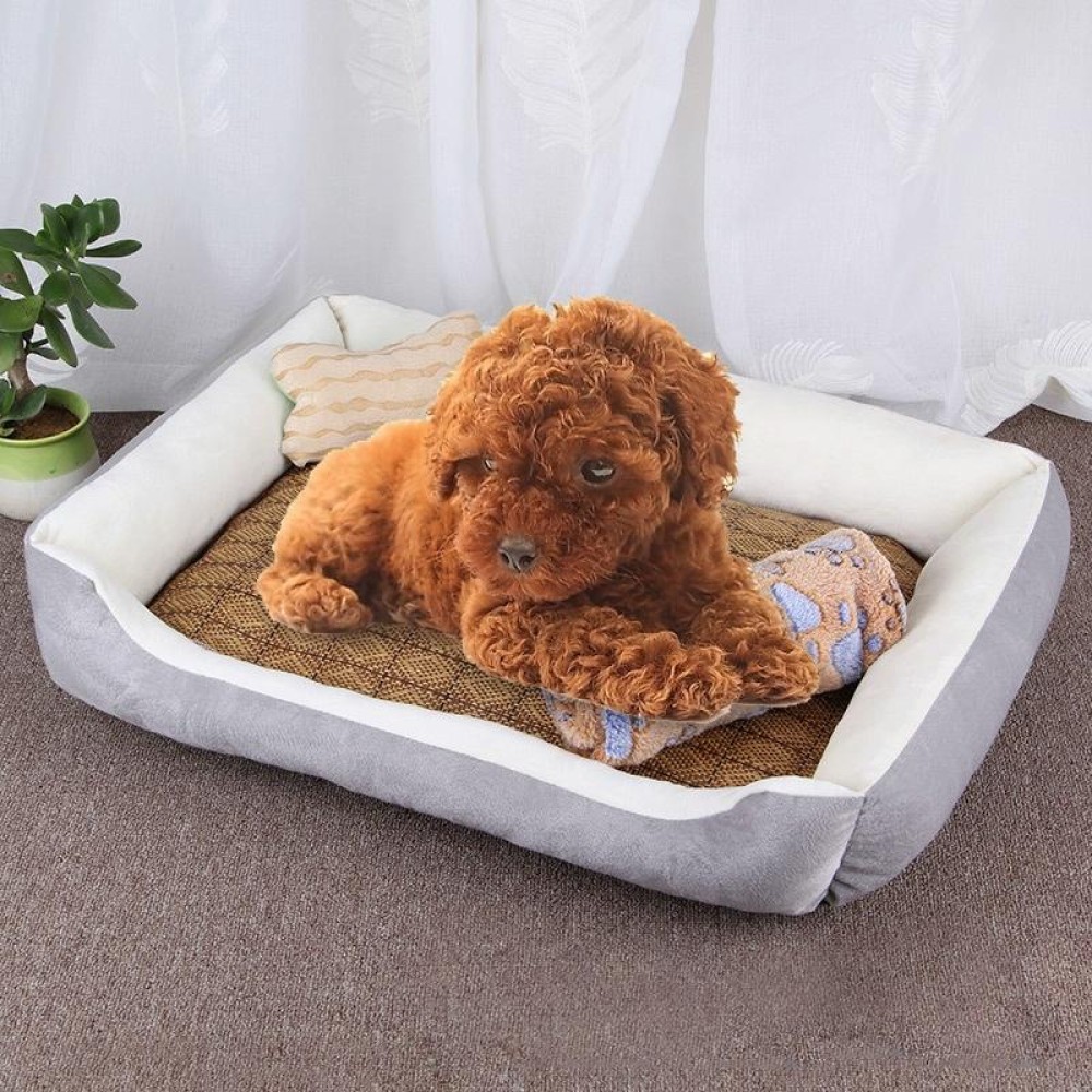 Dog Bone Pattern Big Soft Warm Kennel Pet Dog Cat Mat Blanket, with Rattan Mat & Blanket Size: XS, 50×40×15cm (Grey White)