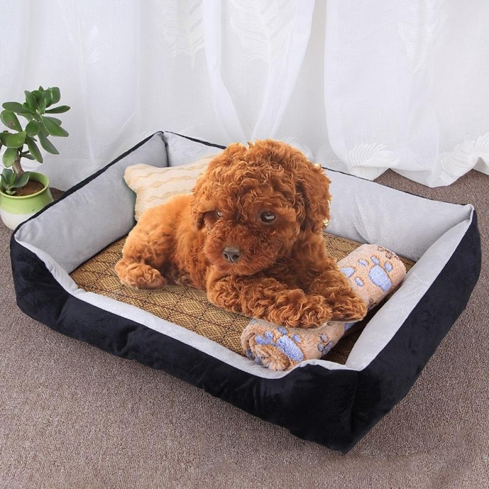 Dog Bone Pattern Big Soft Warm Kennel Pet Dog Cat Mat Blanket,with Rattan Mat & Blanket Size: XXS, 45×30×15cm (Black Grey)