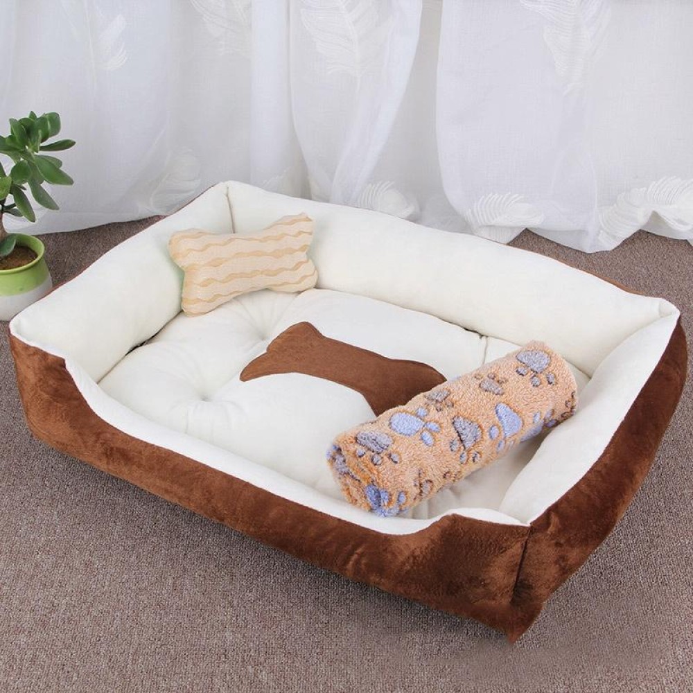 Dog Bone Pattern Big Soft Warm Kennel Pet Dog Cat Mat Blanket,  with Blanket Size: XL, 90×70×15cm (Brown White)