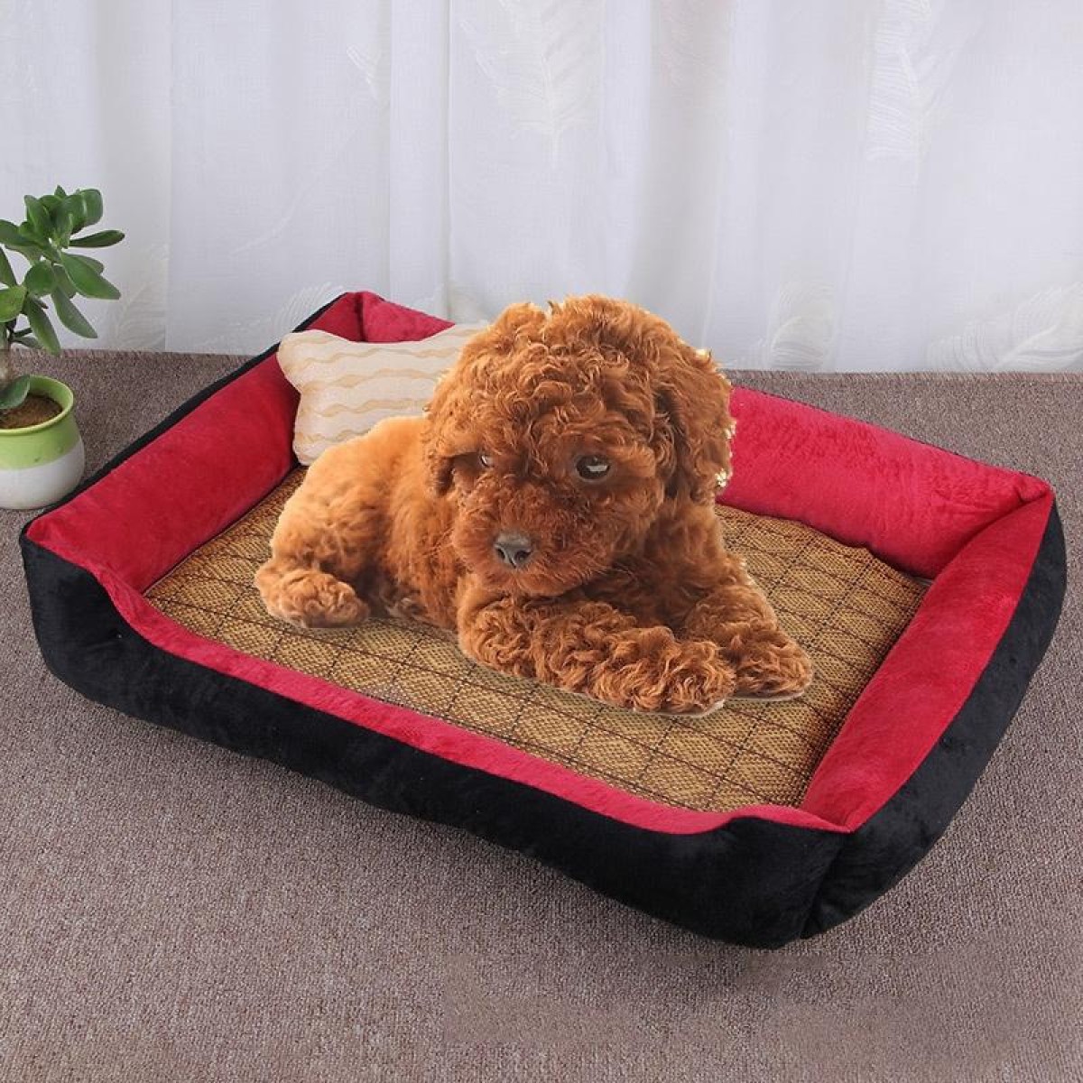 Dog Bone Pattern Big Soft Warm Kennel Pet Dog Cat Mat Blanket,  with Rattan Mat Size: XL, 90×70×15cm (Black Red)