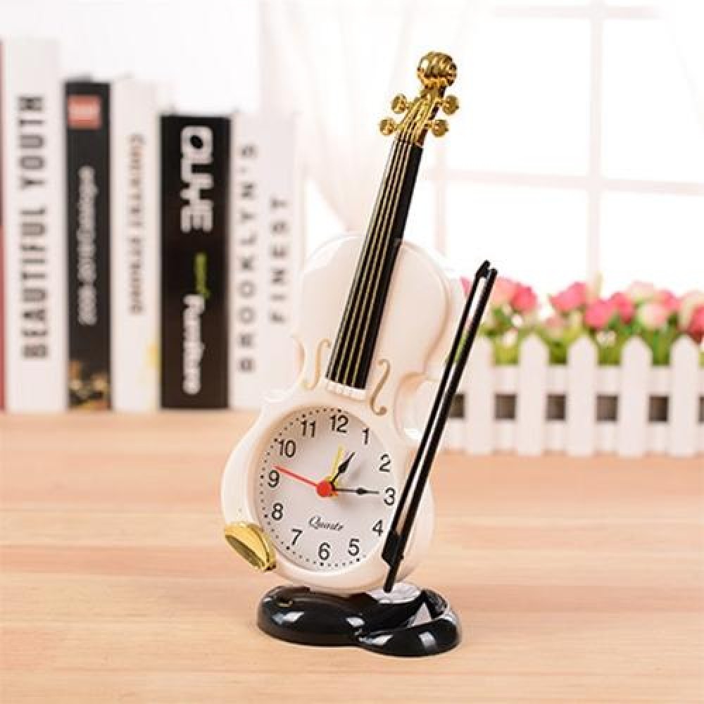 Multi-functional Originality Violin Electronics Pointer Alarm Clock with Pen Holder (White)