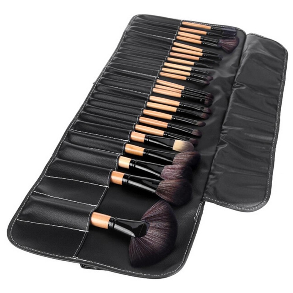 32 PCS Wood Color Handle Makeup Brush Set Beauty Kit + PU Leather Carrying Case