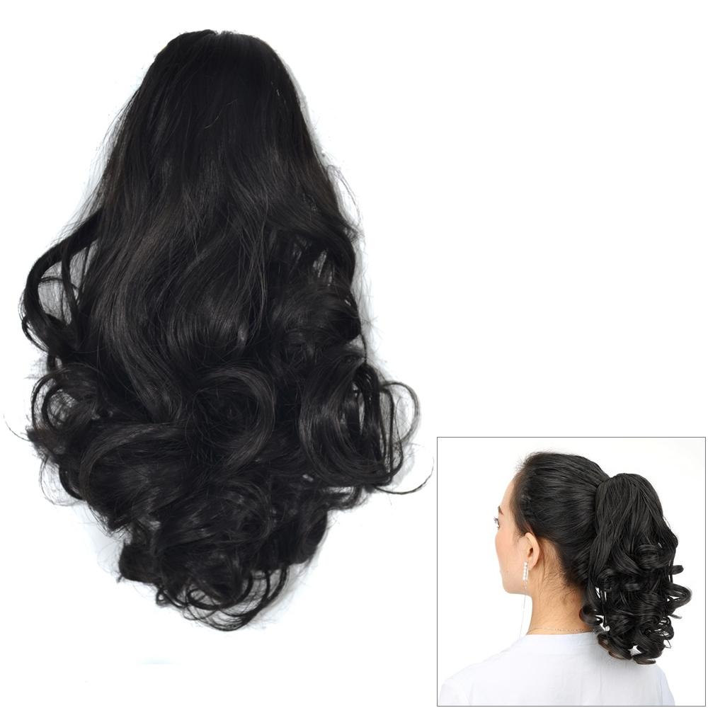 Natural Short Curly Hair Clip-on Pear Blossom Roll Horsetail Wig(Natural Black)