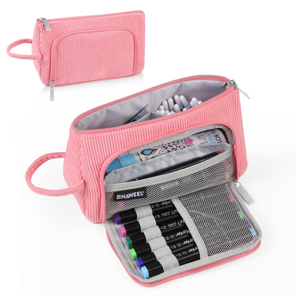 HAWEEL Corduroy Triangular Pen Case Makeup Pouch Travel Cosmetic Organizer Bag(Pink)