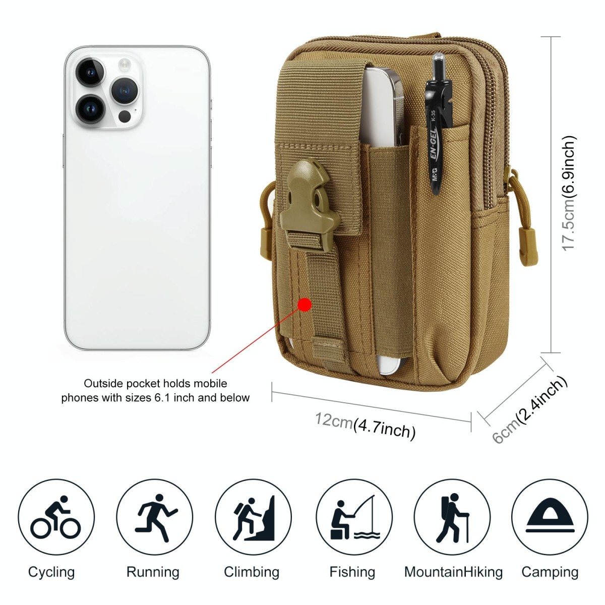 HAWEEL Hiking Belt Waist Bag Outdoor Sport Motorcycle Bag 7.0 inch Phone Pouch (Khaki)