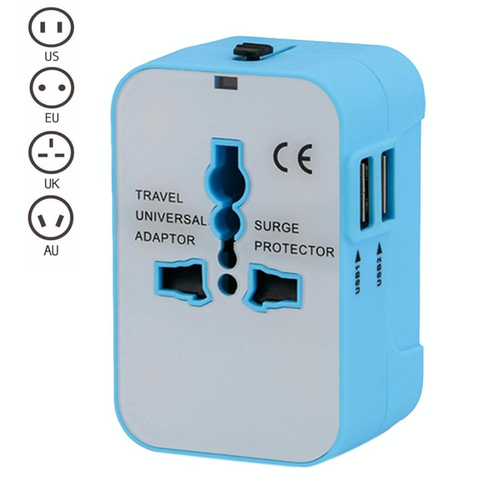 Portable Multi-function Dual USB Ports Global Universal Travel Wall Charger Power Socket, For iPad , iPhone, Galaxy, Huawei, Xiaomi, LG, HTC and Other Smart Phones, Rechargeable Devices(Blue)