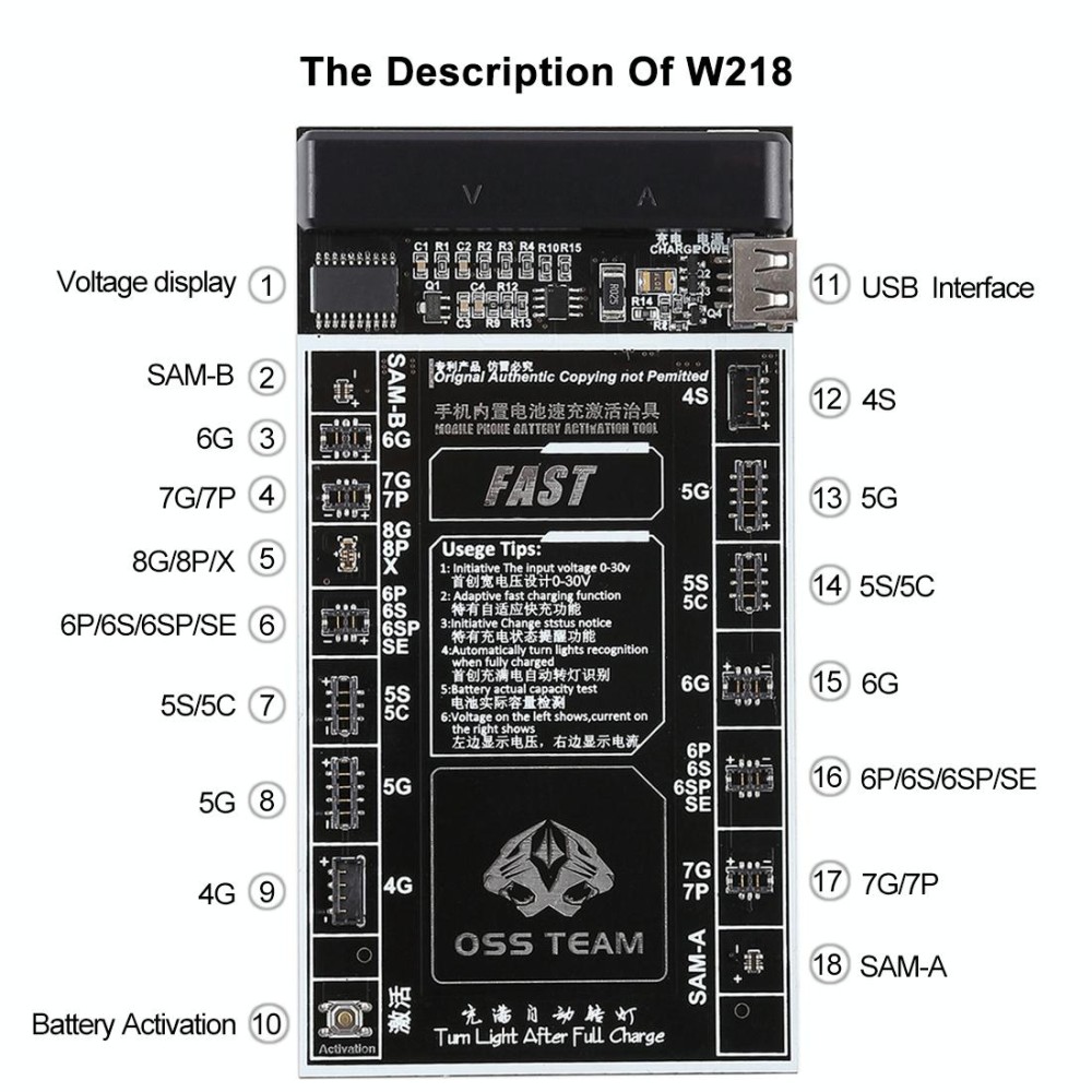 W218 Smartphone Battery Fast Charging and Activated Board 2 in 1 Tool for iPhone X & 8 Plus & 8 & 7 Plus & 6s Plus & 6s & 6 Plus & 6 & 5C & 5SE & 5S & 5 & 4S & 4