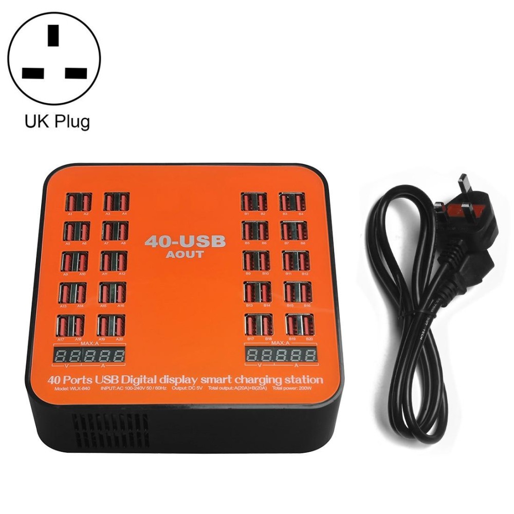 WLX-840 200W 40 Ports USB Digital Display Smart Charging Station AC100-240V, UK Plug (Black+Orange)