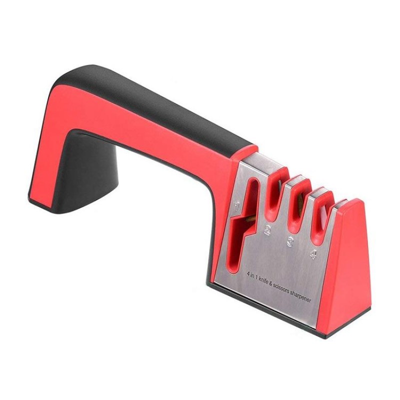 4 in 1 Stainless Steel Knife Sharpener Four Section Hand-held Quick Sharpening Tool with Non Slip Handle(Red)