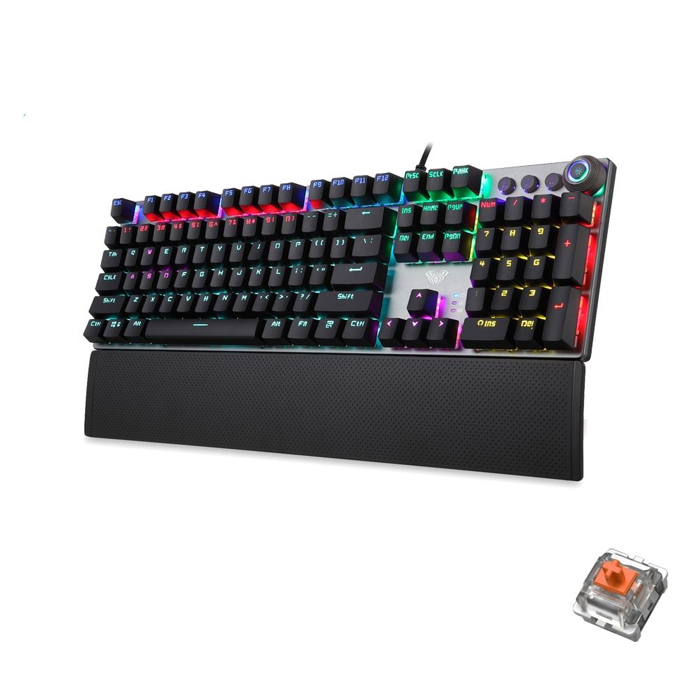 AULA F2088 108 Keys Mixed Light Mechanical Brown Switch Wired USB Gaming Keyboard with Metal Button (Black)