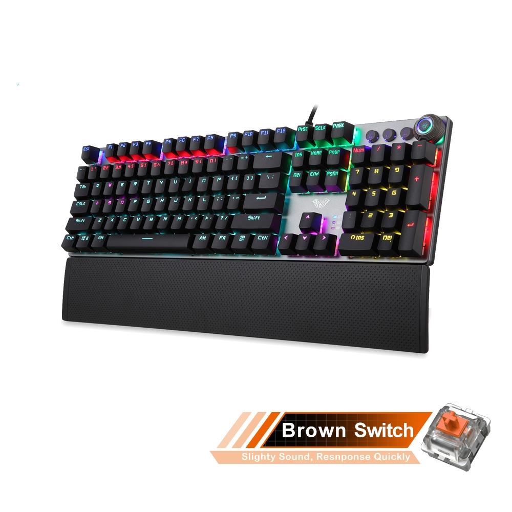 AULA F2088 108 Keys Mixed Light Mechanical Brown Switch Wired USB Gaming Keyboard with Metal Button (Black)